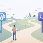 Iemand met een laptop staat op een kruispunt met een WordPress- en een Umbraco-wegwijzer