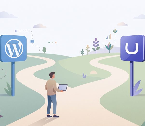 Iemand met een laptop staat op een kruispunt met een WordPress- en een Umbraco-wegwijzer