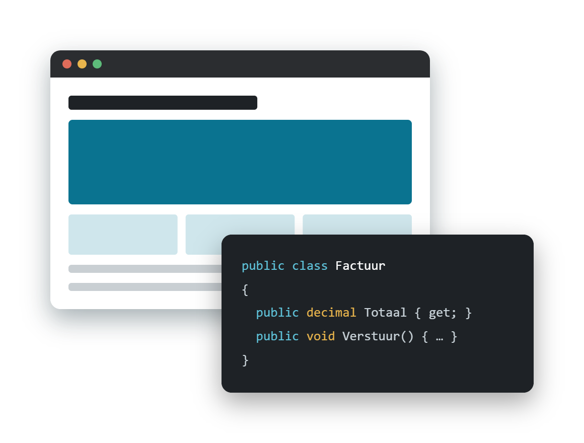 Illustratie van een website met daarnaast C#-code van een factuurklasse