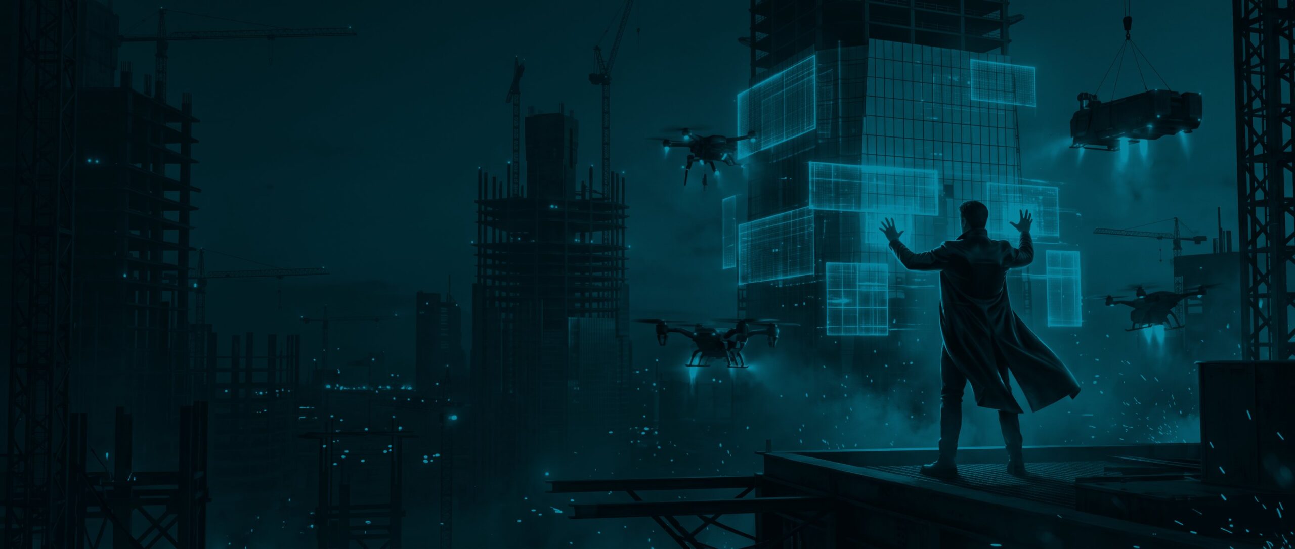 Futuristische stad in aanbouw met een figuur die lichtpanelen op hun plaats zet