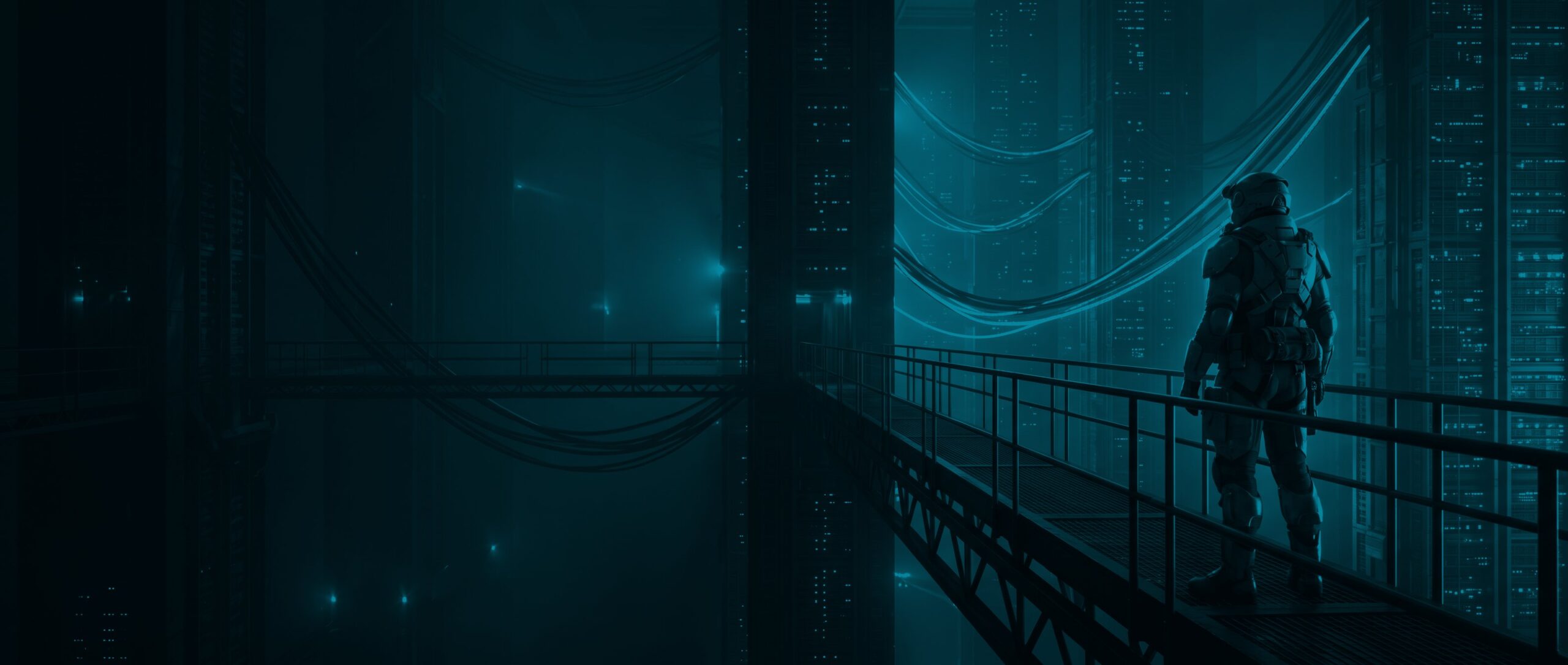 Wachter op een loopbrug in een enorm datastation met lichtgevende serverkasten