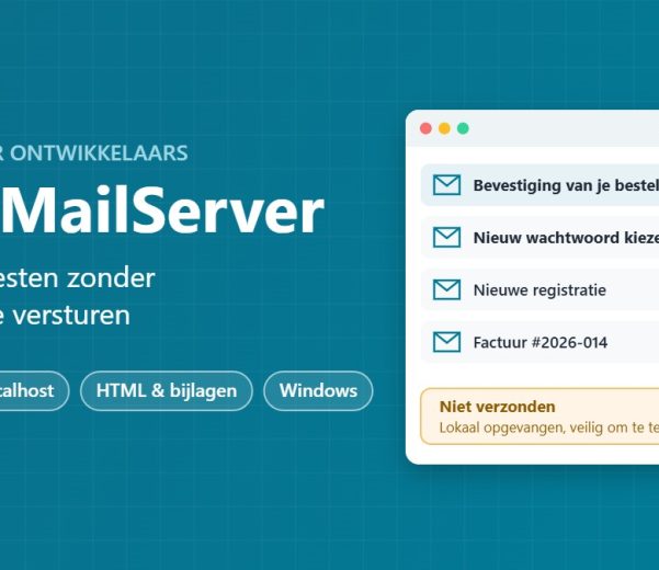 TestMailServer: lokaal opgevangen testmails op localhost poort 25, niet verzonden