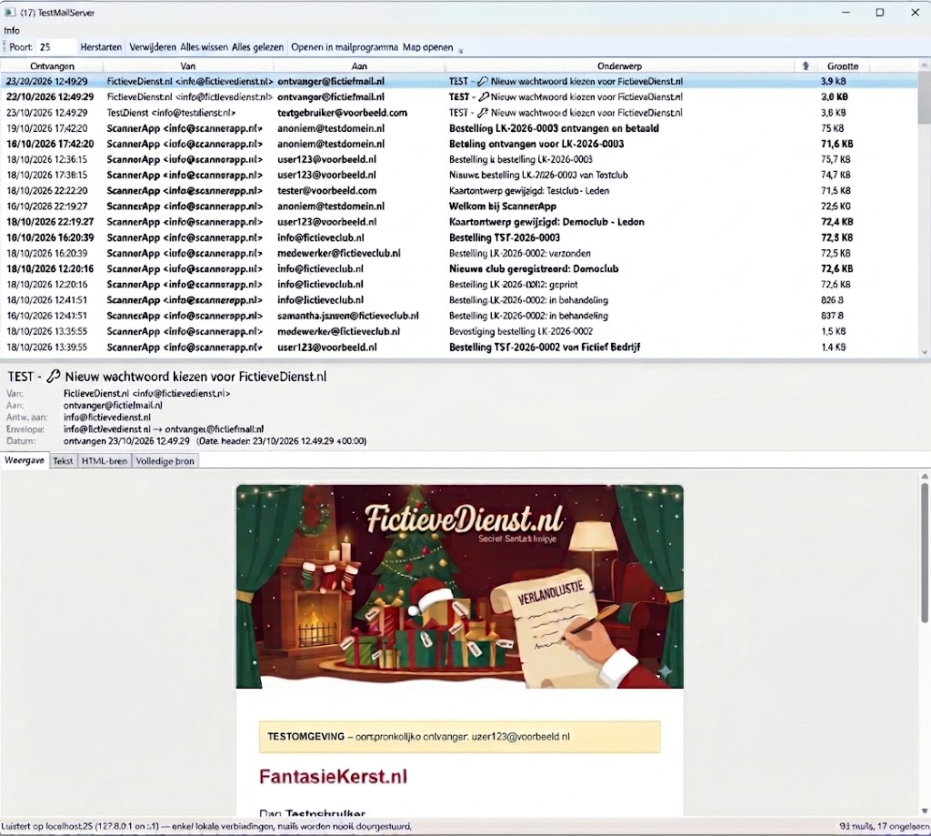 Het venster van TestMailServer met een lijst opgevangen testmails en een geopende HTML-e-mail