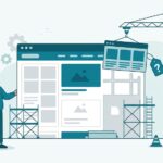 Een website wordt opgebouwd als een huis, met een bouwkraan en een prijskaartje met een vraagteken