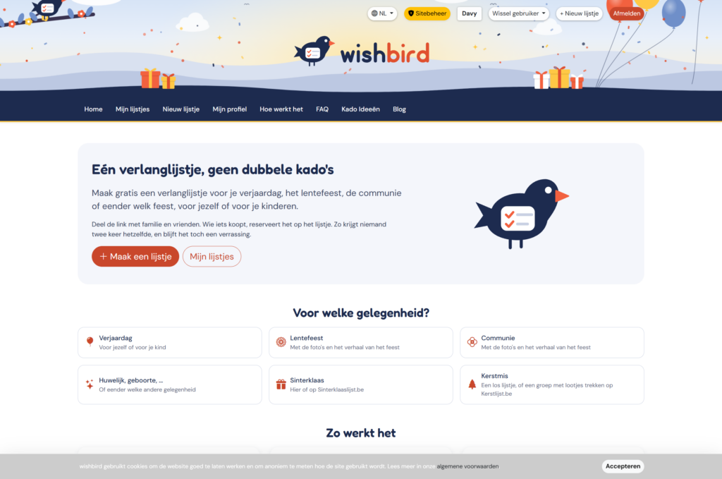 Homepagina van Wishbird.be